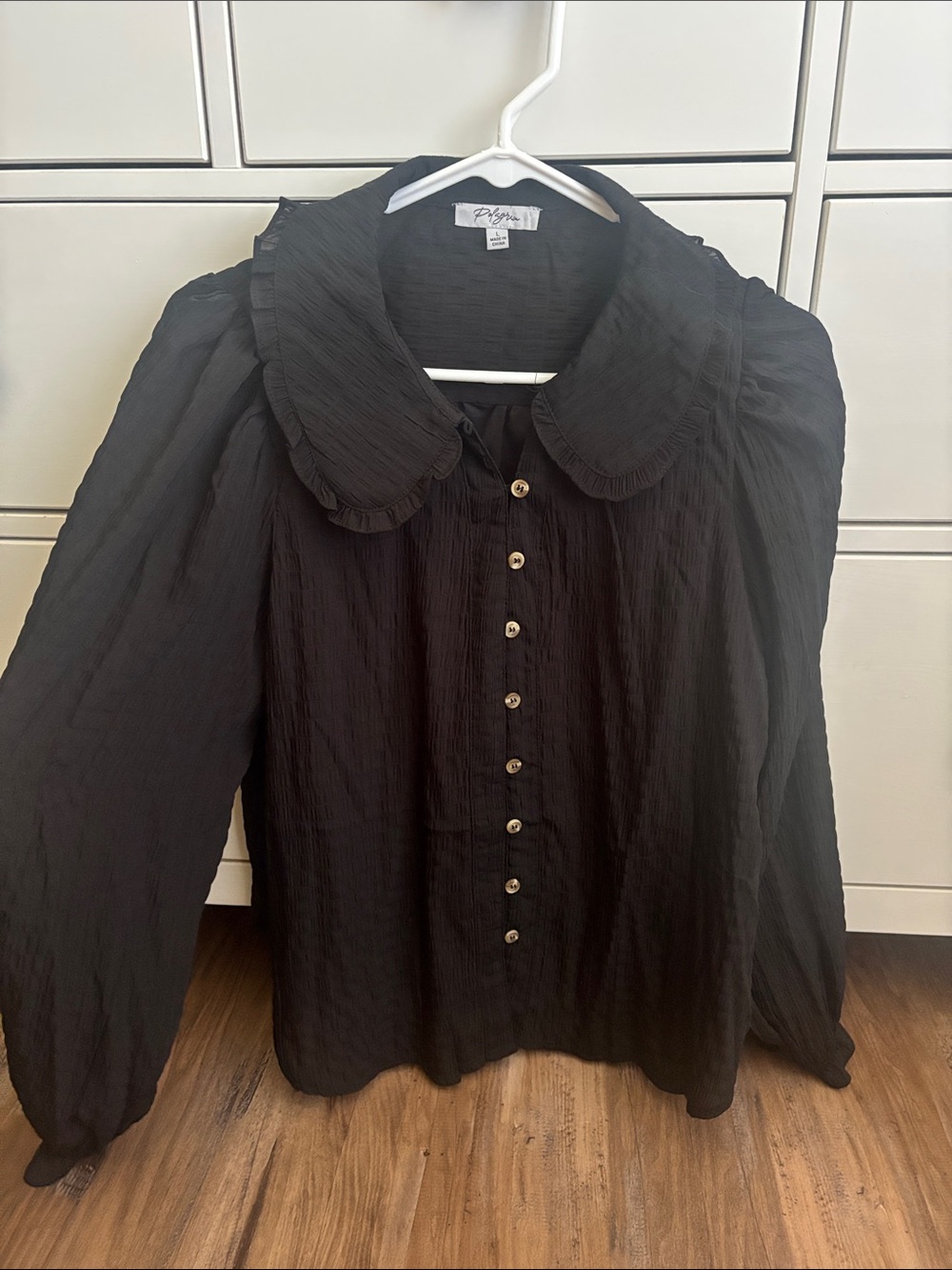 Peterpan collar Black Ruffled Collar Button-Down Blouse